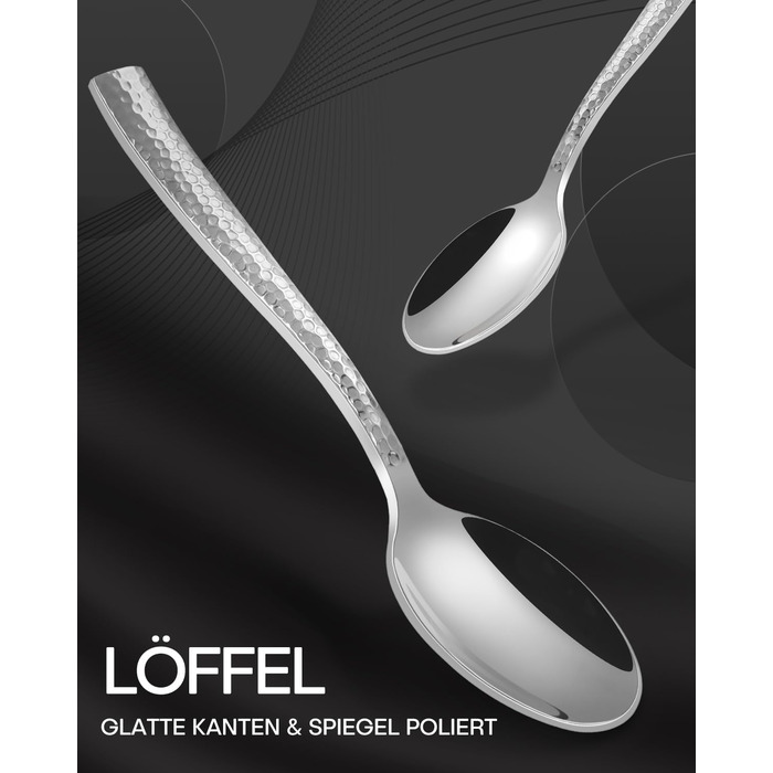 HONKKU 30-Piece Flatware Set, 6 People, Thickened Stainless Steel Cutlery Set with Hammered Handle, Eating Cutlery Set with Knife, Fork, Spoon, Mirror Polished, Dishwasher Safe