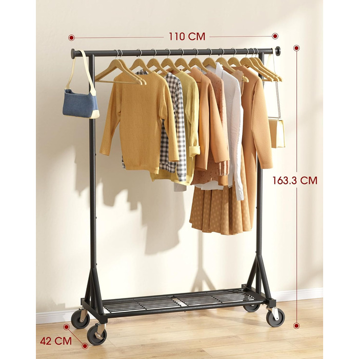 Підвісна штанга для одягу на колесах – міцна конструкція з нержавіючої сталі з сітчастою полицею, багатофункціональний вішак для одягу для спальні, пральні, магазину (Чорний, 110 x 42 x 163.3 см)