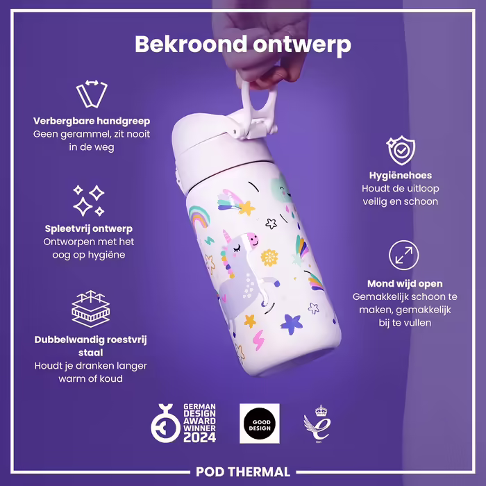 ion8 Insulated Stainless Steel Drinking Bottle 320 ml Leak-Proof One-Hand Opening Secure Lock Dishwasher Safe Flip Lid Carrying Handle Easy to Clean, Durable, Pink Unicorn