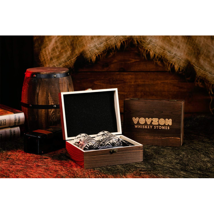 Whiskey Stones Gift Set for Men - 8 Whiskey Scotch Bourbon Chilling Stones, 2 Whiskey Glasses in Wooden Box - Christmas/Father's Day/Birthday/Gift for Dad Papa Friend