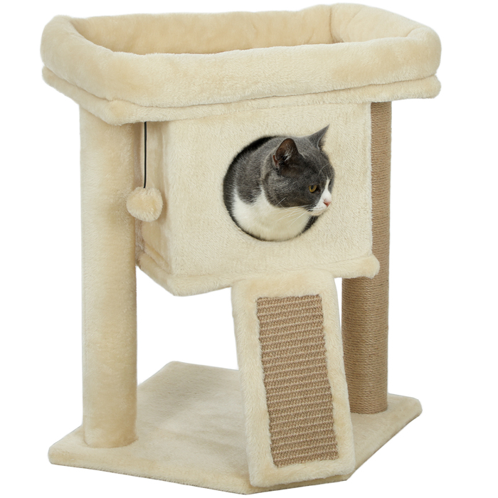 PawHut Cat Tree with Jute Scratching Mat, Lounging Platform, Play Ball, Cat House, Beige, 40 x 40 x 57 cm