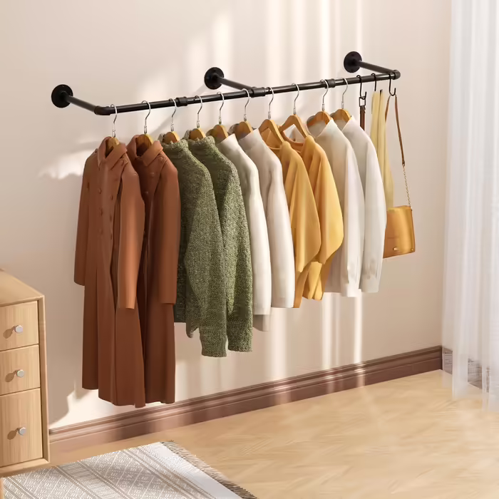 pickpiff Vintage Clothes Rack, 140 cm Industrial Pipe Clothes Hanger for Wall Mounting, Space-Saving, Sturdy Clothes Rail, 1 Pack of 6 S-Hooks