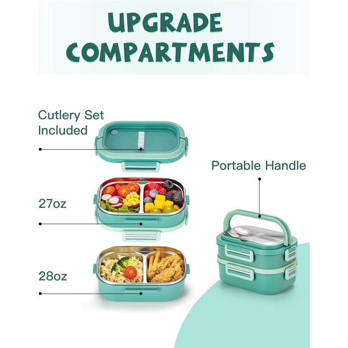 Ланчбокс Lille Home з 2 ярусами, 4 відділення, 1650 мл, з посудом, BPA-free, не протікає (Зелений)