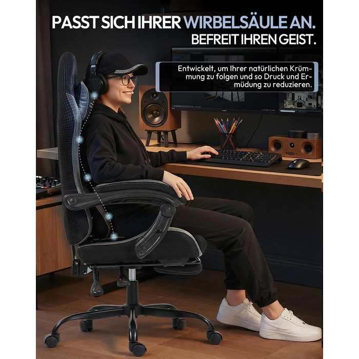 Геймерське крісло Nexthra Ergonomisch з підставкою для ніг, до 180 кг, чорне. Регульована спинка 150°, для геймінгу та офісу