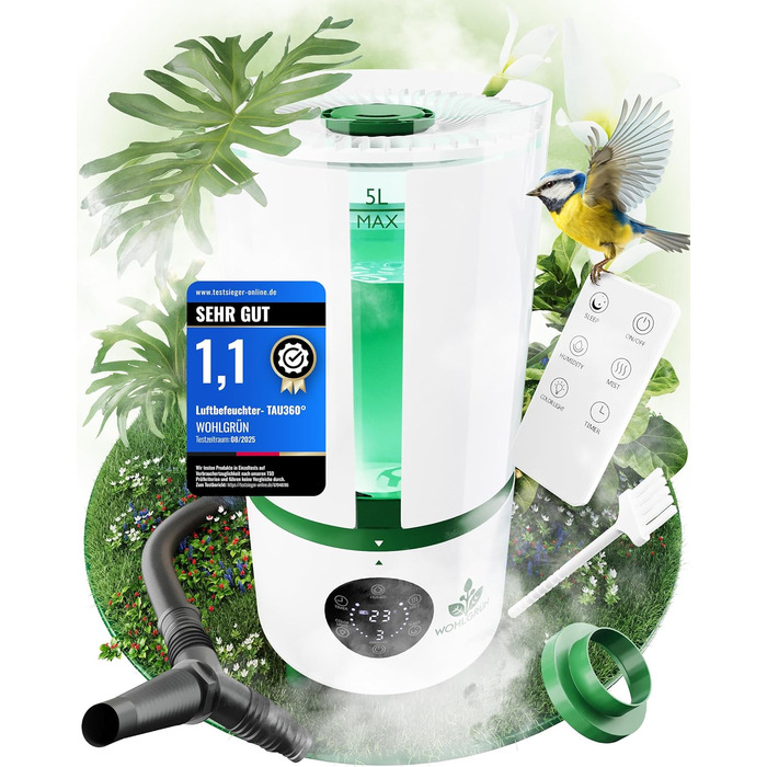 WOHLGRÜN Tau360: Ультразвуковий зволожувач повітря 5L з аромадифузором, гігростатом, нічним світлом, для спальні, дитячої кімнати, рослин