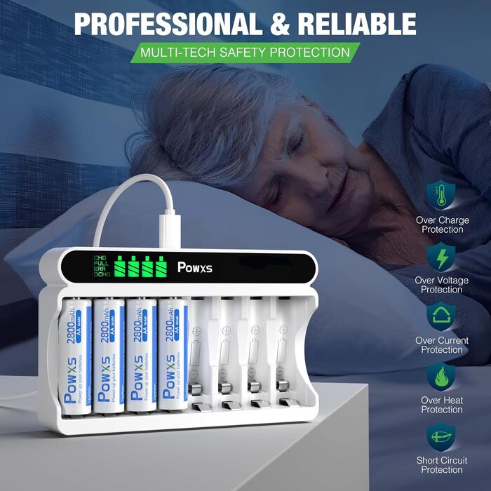 Зарядний пристрій POWXS для акумуляторів NI-MH NI-CD AA/AAA, 8 слотів, LCD дисплей, швидка зарядка Micro USB/Type-C
