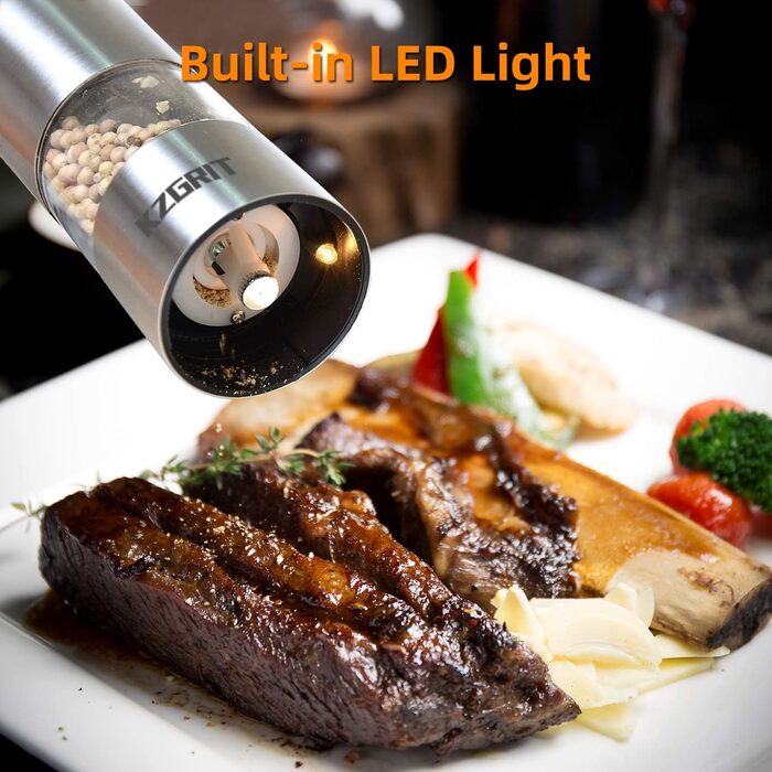 Електричні мельниці для солі та перцю (2 шт.) з LED-підсвіткою, керамічні жорна, регулювання помелу, нержавіюча сталь