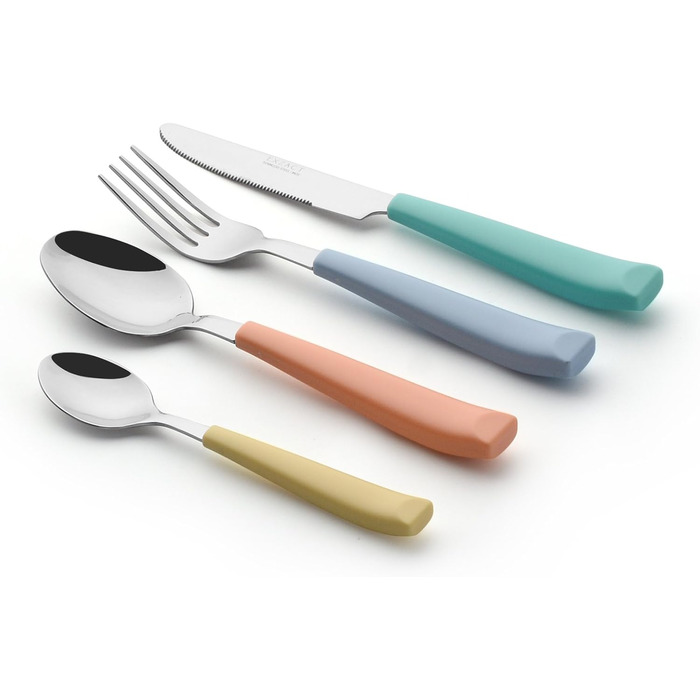 EXZACT 24-Piece Cutlery Set - Stainless Steel with Vividly Colored Plastic Handles - Comfortable to Hold - 6 x Forks, 6 x Knives, 6 x Dinner Spoons, 6 x Teaspoons (Mixed Color x 24)