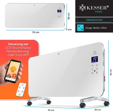 KESSER® Electric Glass Heater Glass Convector Electric Heater Heating Radiator ✓ Touchscreen ✓ APP WiFi Function Incl. Remote Control ✓ LCD Display ✓ Timer | Stand-alone or Wall-mounted Unit | 2000 Watts | White