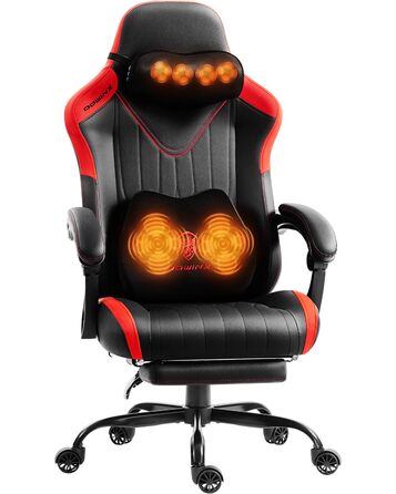 Ігровий крісло Dowinx з масажем, ергономічний дизайн, підтримка попереку та шиї, до 135 кг, шкіра, для дорослих (червоний)