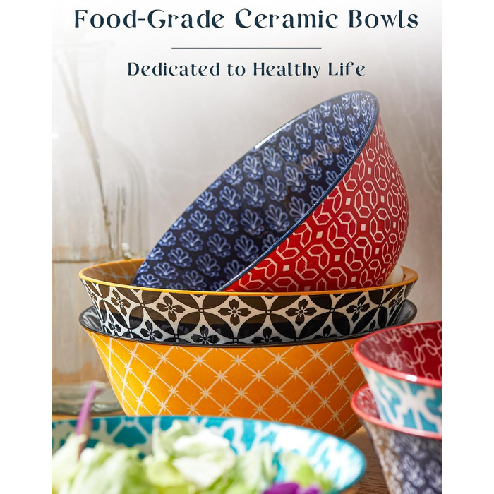 Набір тарілок для мюслі DOWAN (6 шт.), 680 мл, діаметр 15,2 см, кольорові, великі, набір тарілок для вечері, Різдва, супу, салату, кукурудзяних пластівців, з квітковим візерунком