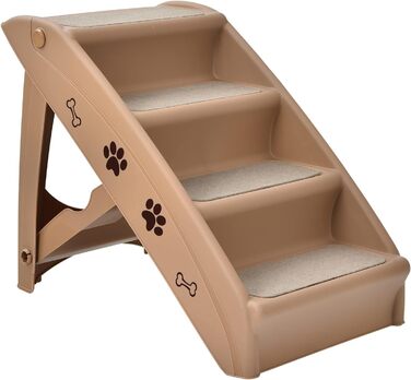 COSTWAY 4-Step Pet Staircase with Carpet, Dog Stairs Plastic Cat Stairs Folding, Portable Dog Ramp Pet Stairs for Dogs and Cats, Pet Ramp for Climbing and Scratching (Brown)