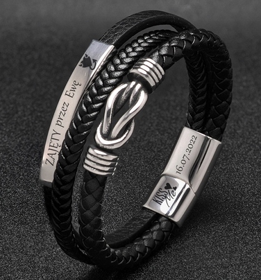 Чоловічий шкіряний браслет Cazz, чорний, хірургічна сталь, 22 см, з гравіюванням