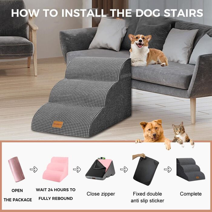 Trhillsbrad Breiter Hundetreppe 5 Stufen 62cm hoch für Kleine Hunde, Hochdichtem Schaumstoff Haustiertreppe, Waschbarem Bezug und Rutschfestem Boden