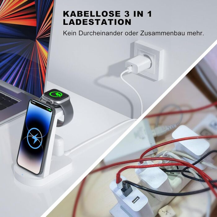 Бездротова зарядка 3 в 1 з адаптером 18W: сумісна з iPhone, Apple Watch, AirPods