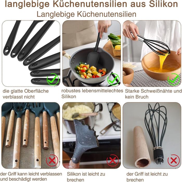 Набір кухонних аксесуарів Terlulu: 15 предметів з силікону, стійкий до нагріву, антипригарний, для посуду, з підставкою, чорний