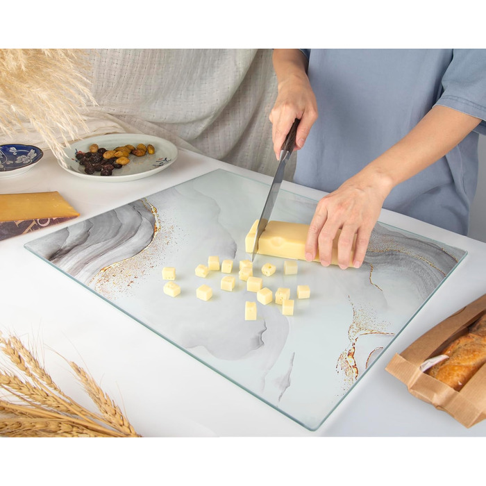 Скляна дошка для нарізання 40x30 см – гігієнічна скляна дошка з загартованого скла – стійка до високих температур, подряпин та ковзання – скляна плита для кухні – чорна з ма Marmoroptik (Design 07, 50L x 40B cm)