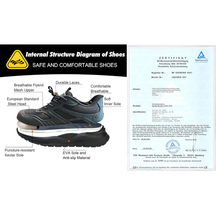 Черевики безпеки унісекс з металевим носком. Легкі, антиковзкі, дихаючі, водонепроникні літні черевики з посиленою підошвою (35 EU, M103 Чорний)