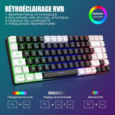 RedThunder K84 Combo: Бездротова клавіатура та миша USB, AZERTY (французька), 75% TKL, 3200 DPI (Чорний/Білий)