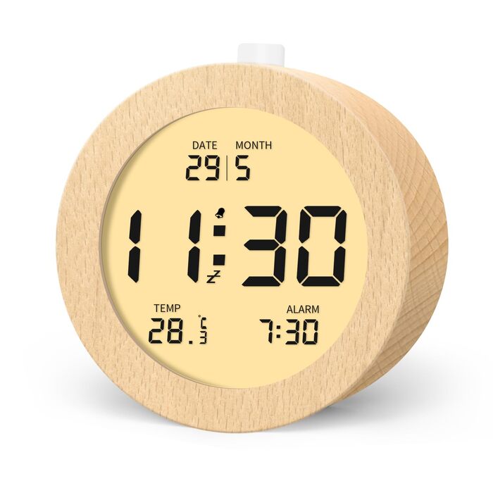 Цифровий будильник aboveClock з дерев'яним корпусом: LCD-дисплей з температурою та датою, функція Snooze, підсвічування, для спальні