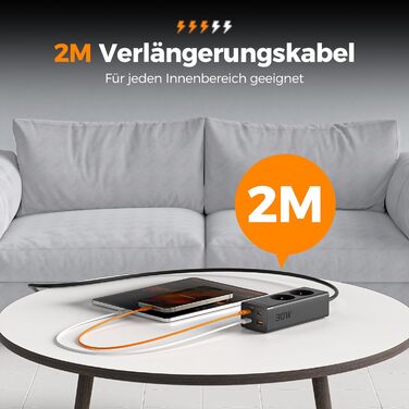 Мережевий фільтр TESSAN 30W USB-C з GaN, 2 розетки, кабель 2м, захист від перенапруги 3600W, чорний