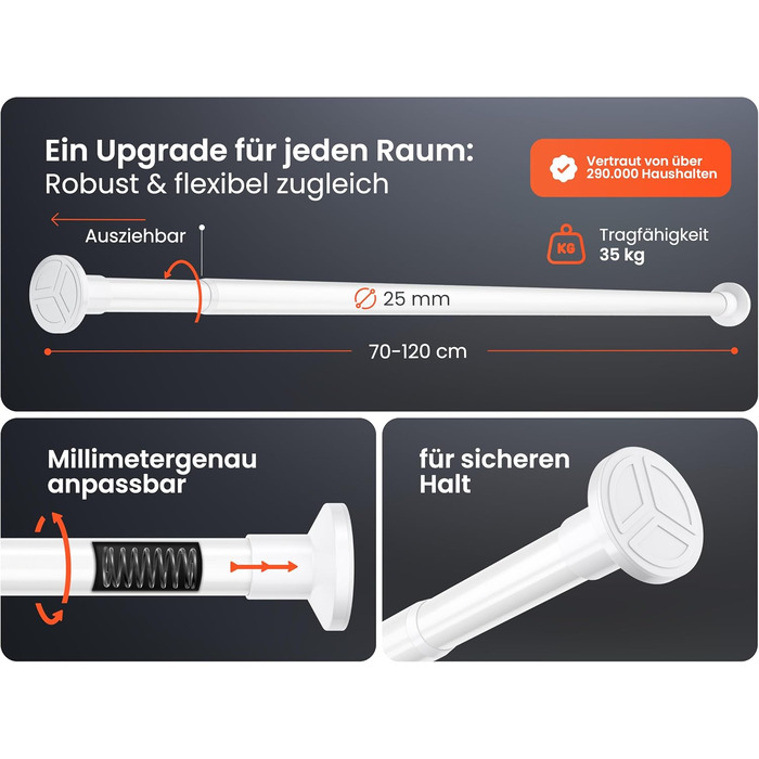 Штанга для душу без свердління 160-210 см, срібна, Ø 25 мм, телескопічна, з кріпленнями - для ванної, душової кабіни та перегородки (70-120 см, біла)