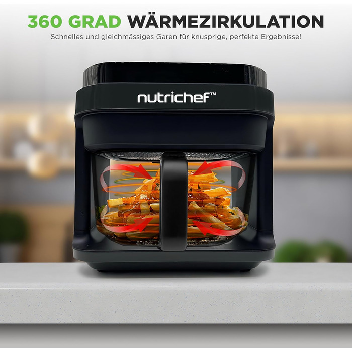 Фритюрниця NutriChef 5.5L біла – електрофритюрниця 8-в-1 з скляною чашею та LED-дисплеєм. Без олії, 360° циркуляція повітря. Для картоплі фрі, курки, овочів та іншого.