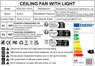 Стельовий вентилятор Kviflon з LED підсвіткою та пультом, 132 см, білий. Вбудований вентилятор для внутрішнього/зовнішнього використання.