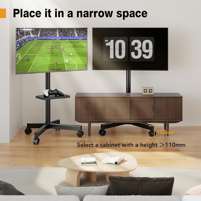 Мобільна підставка-стійка Hemudu для LCD/LED телевізорів 23-60 дюймів, регульована за висотою, з полицею для ноутбука та колесами, до 35 кг, VESA 400x400 мм