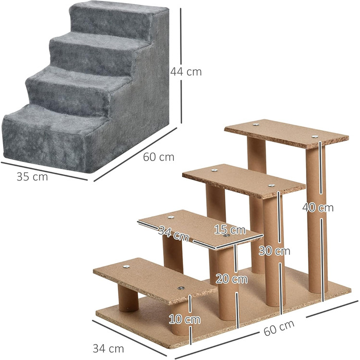 PawHut 4-Step Dog Stairs, 35cm Cat Stairs for Bed and Sofa, Pet Stairs for Dogs and Cats up to 5 kg, Plush Appearance (60L x 35W x 44H cm, Light Grey)