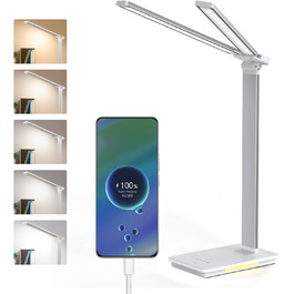Лампа настільна LED LENDO з двома головками, регульована яскравість 700 люмен, 5 рівнів регулювання, 5 кольорових режимів, USB-порт для зарядки та вбудований акумулятор 2000mAh, для дітей, спальні, читання (срібна)