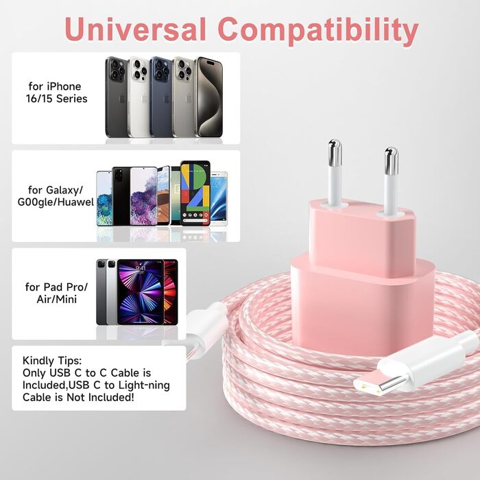 Зарядний пристрій USB-C 20W з кабелем Type-C 2м для iPhone 16/15/Pro/Air, iPad - Рожевий + Зелений (2 шт)