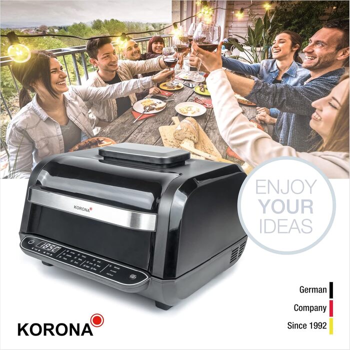 Аерогриль та гриль Korona 46160, 6 л, 8 функцій: фритюрниця, духовка, піца-піч, дегідратор, обсмажування, барбекю, 4 режими приготування, гриль-решітка, кошик, каструля
