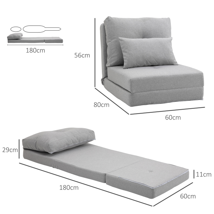 HOMCOM Floor Recliner 2-in-1 Folding Bed with Adjustable Backrest, Floor Sofa with Decorative Cushions, Floor Seating Cushion for Living Room, Bedroom, Linen, Grey | Aosom