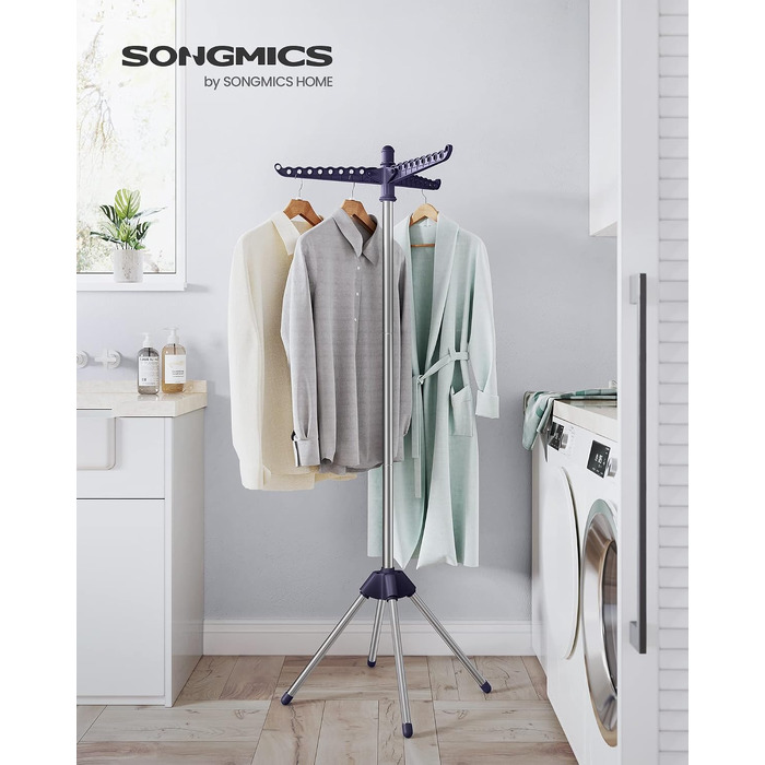 Сушарка для білизни SONGMICS BUNJI LLR510W01V1: складана стійка з нержавіючої сталі з 3 поворотними рукавами, 65x65x150 см, біла/синя