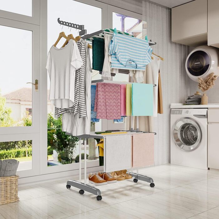 Сушарка для білизни тур-тип на коліщатках, сіра. Розкладна конструкція, 6 крил, 2 бічні крила, для дому та вулиці