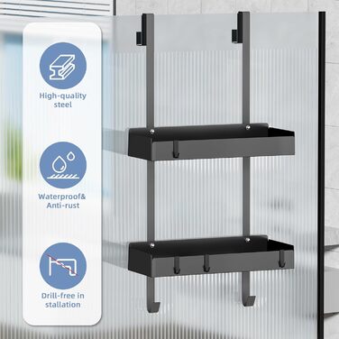 Підставка для душу настінна, полиця для душу з кріпленням для скляних душових кабін, тримач для шампуню в душ, корзина для душу без свердління, чорна з 8 гачками, нержавіюча сталь 65.5x30x11.2 см
