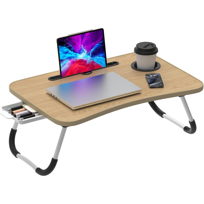 Стіл для ноутбука в ліжко Huracan: регульований, з підстаканником та ящиком (60x40 см, чорний)