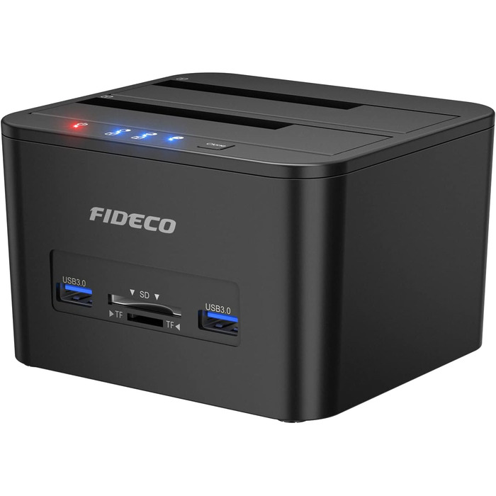 Док-станція для жорстких дисків FIDECO з двома відсіками, USB 3.0, підтримка UASP, TF/SD карт, для HDD/SSD SATA 2.5