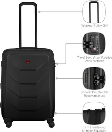 WENGER Prymo Medium Hard Shell Suitcase with 4 Wheels, Trolley, Medium Size, 59 (67) L, Security Lock, Women's/Men's, Travel/Vacation, Black, 612537