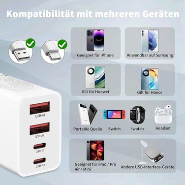 Адаптер USB-C 40W, 2 шт. з 4 портами для iPhone 16/15/14/Plus/Pro/Max/13/12/11/SE, iPad, PD 3.0, швидка зарядка, блок живлення (без кабелю)