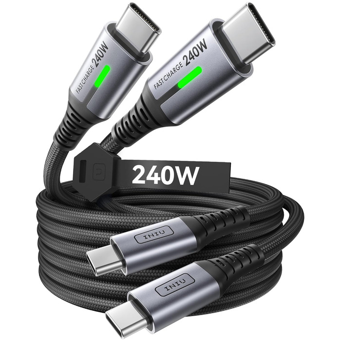 Кабель USB-C 240W з LED-підсвічуванням, 2 шт. (2м+2м), нейлон, для iPhone, Samsung, Pixel, iPad, MacBook