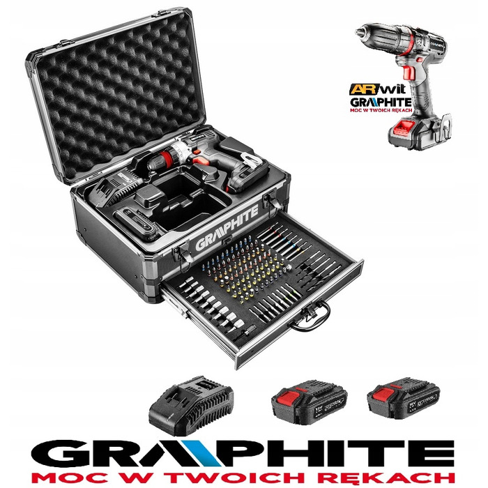 Акумуляторний шуруповерт GRAPHITE 18 В 2,00 Аг, комплект з 2 акумуляторами