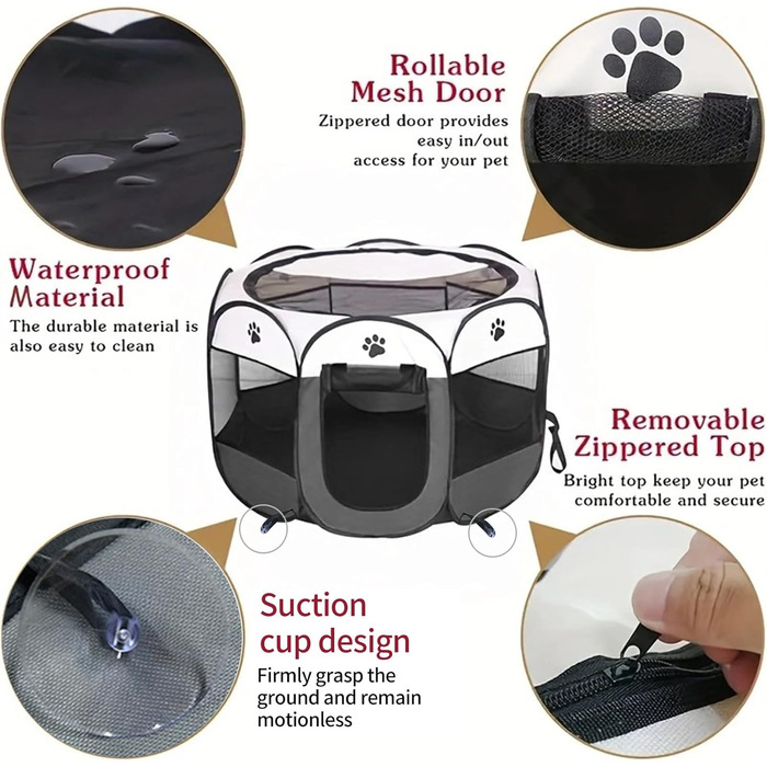 Портативний вольєр для цуценят та дрібних тварин, розкладний, з кріпленням на присосках, сірий