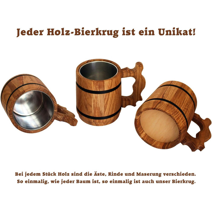 Personalized Beer Gift - Wooden Beer Stein with Stainless Steel Mug 0.5 L - Engraving with Name - for Men, Father, Beer Drinker - Popular Alternative to Beer Glass, Mug, Tankard