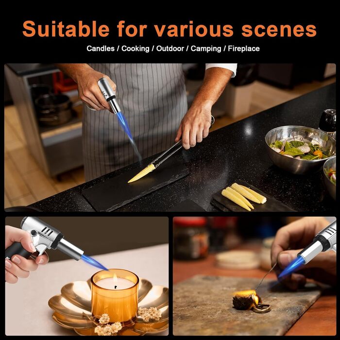 Газовий запальник Butan з регульованим полум'ям для кухні, випічки, барбекю, паяння, з віконцем рівня газу та блокуванням безпеки (срібний)