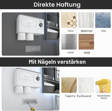 Тримач для зубних щіток iHave на стіну з диспенсером для зубної пасти та шухлядою, органайзер у ванну кімнату для електричних щіток, без свердління, 2 стакани, білий