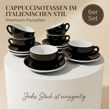 Набір з 6 еспресо-чашок | Хром | Італійський стиль | Dickwandig & Schwer | Еспресо-набір 6 шт. з підставками - подарунковий (200 мл, Чорний та білий)