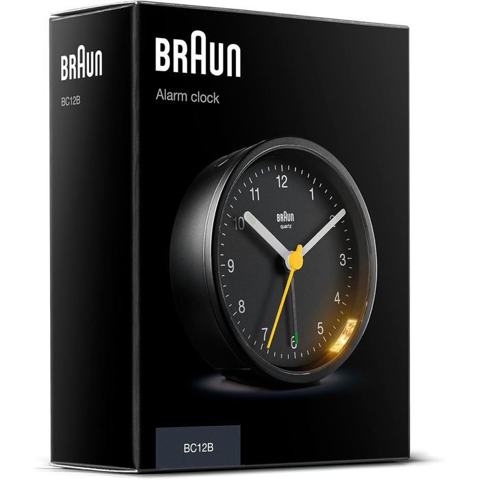 Braun Classic Analog Alarm Clock with Snooze Function and Light, Silent Quartz Movement, Crescendo Alarm in Black, Model BC12B