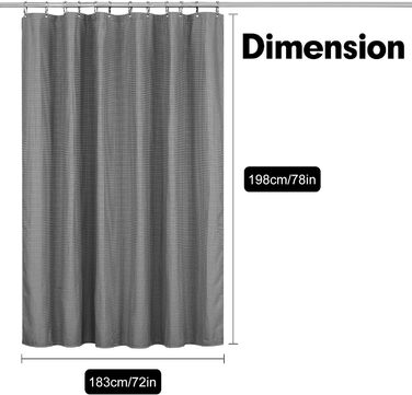Шторка для душу Waffel сірого кольору 183x198 см - текстильна, з поліестеру, з магнітною фіксацією та 12 кільцями, непрозора та водовідштовхувальна для ванної кімнати, сіра, 1 шт.